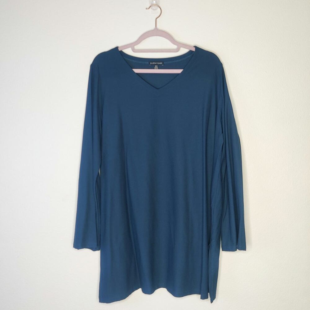 Eileen Fisher Washable Crepe V Neck Tunic Teal Blue Large Packable Travel Luxury